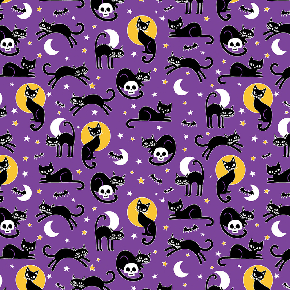 A fabric with a pattern of cats, moons, and stars on a purple background.