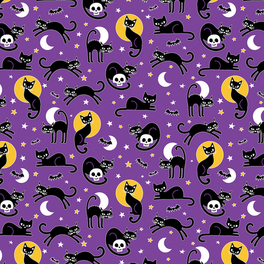 Spooky Cats on Purple Glow-O-Ween Halloween Cotton Fabric by the Yard