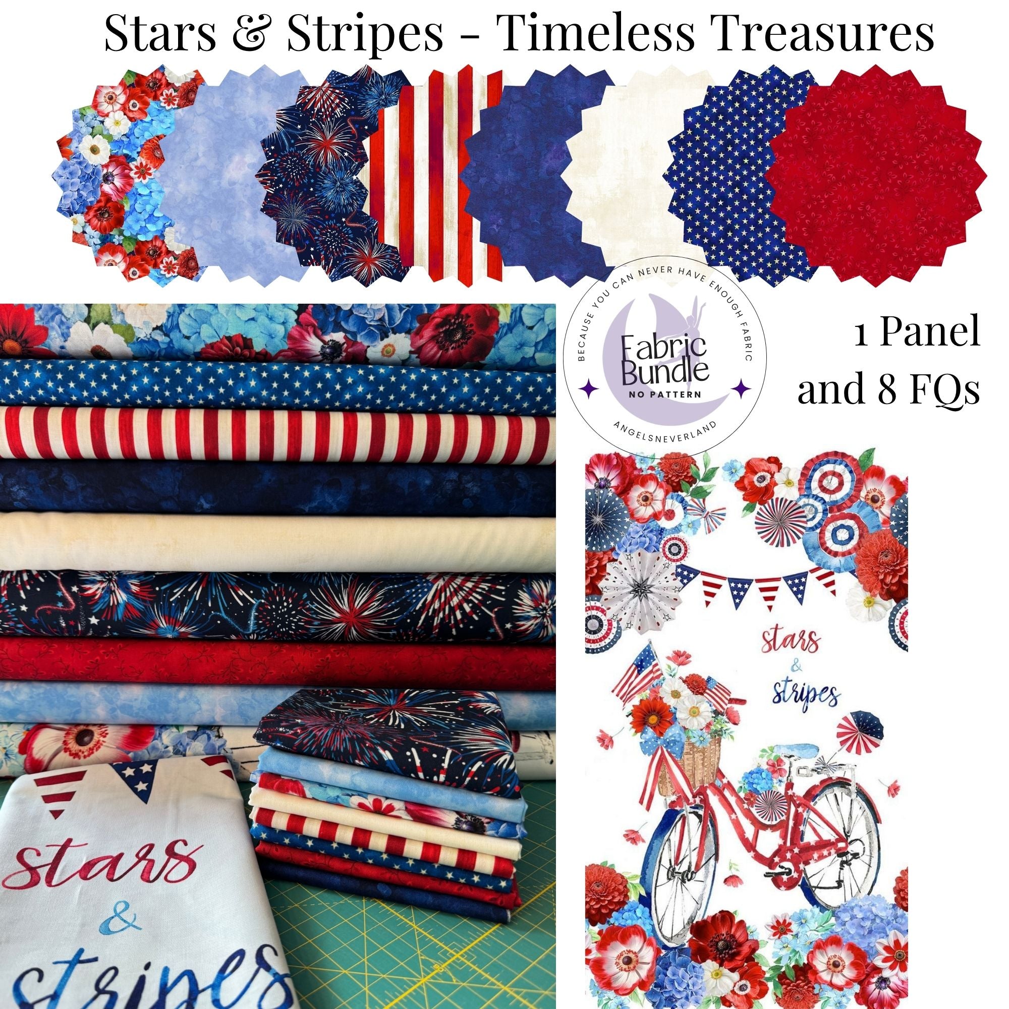 Stars & Stripes Patriotic Fabric Bundle – Panel + 8 FQs (Timeless Treasures)