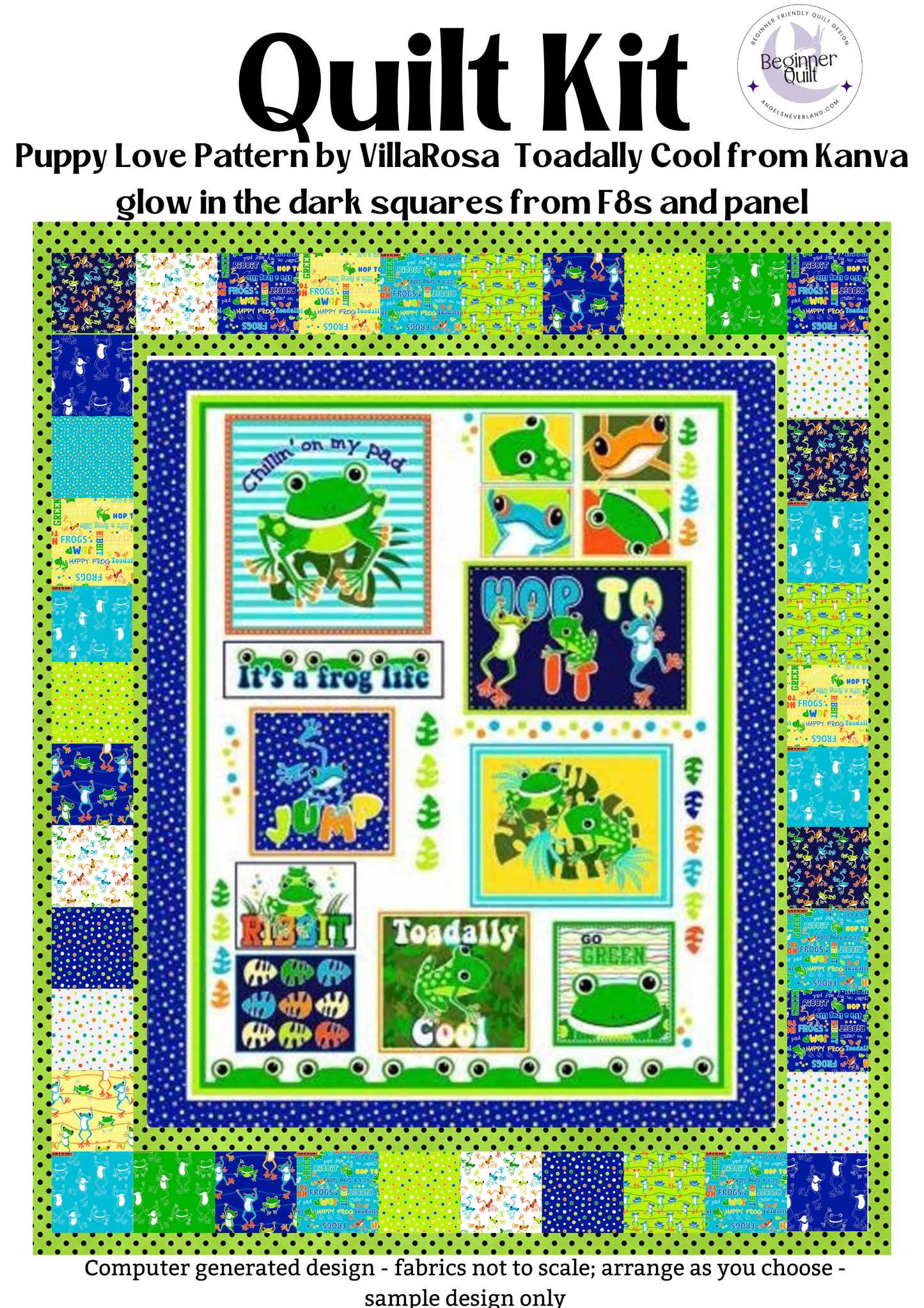 Toadally Cool Glow in the Dark Frog Beginner Quilt Kit - Puppy Love Pattern - Villa Rosa