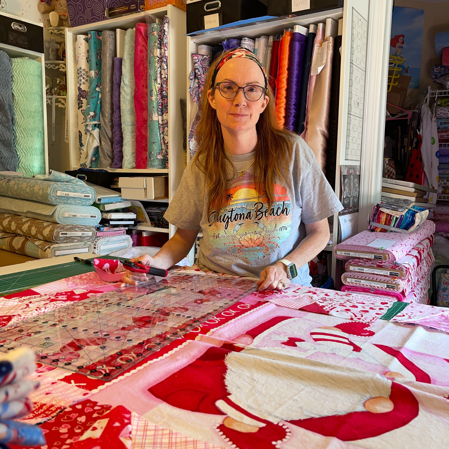 Gnomie Love Henry Glass Fabric bundle, Gnome Fabric Panel and 9 fabrics, Gnome Valentine's Day Fabric