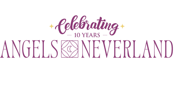 Text 'Celebrating 10 Years Angels Neverland' in purple on a white background
