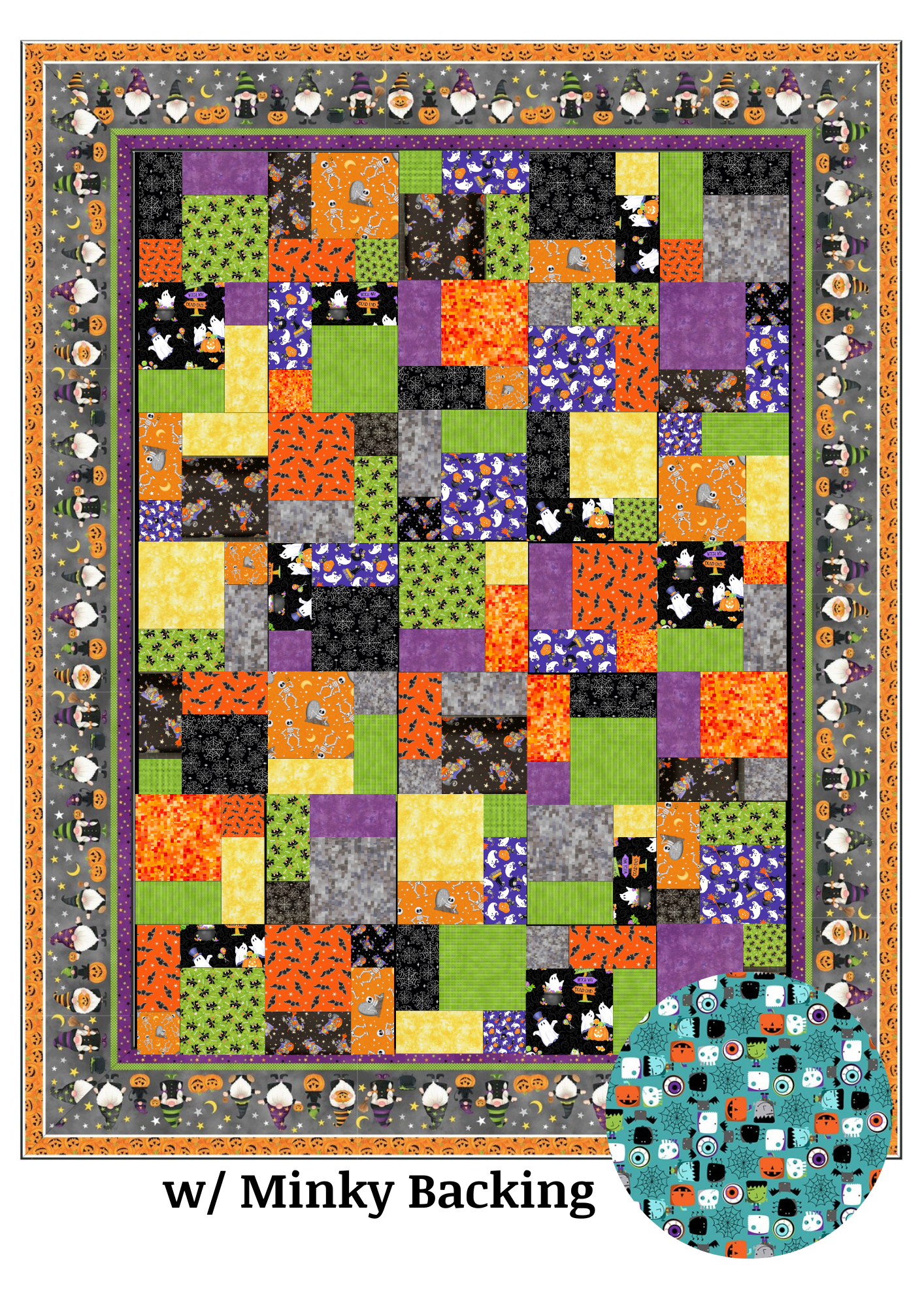 Angels Neverland Quilt Kit Halloween Quilt Kit featuring Northcott Gnomes Night Out Cotton Fabric Border with traditional Halloween Motifs