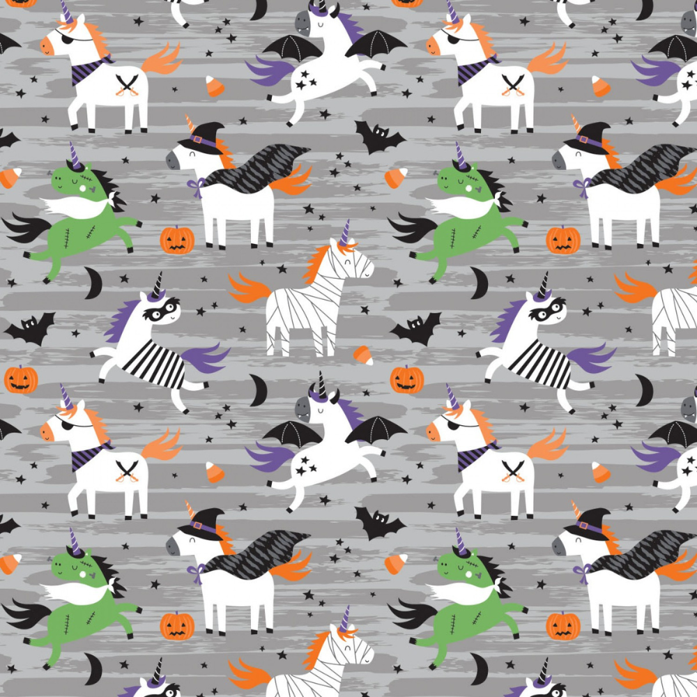 Halloween Unicorns Fabric – Spooky Unicorn Print on Gray