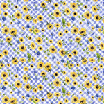 Clothworks Fabric Periwinkle Sunflower Bouquets Floral Check Fabric By the Yard, gray, light green, and periwinkle cotton fabric