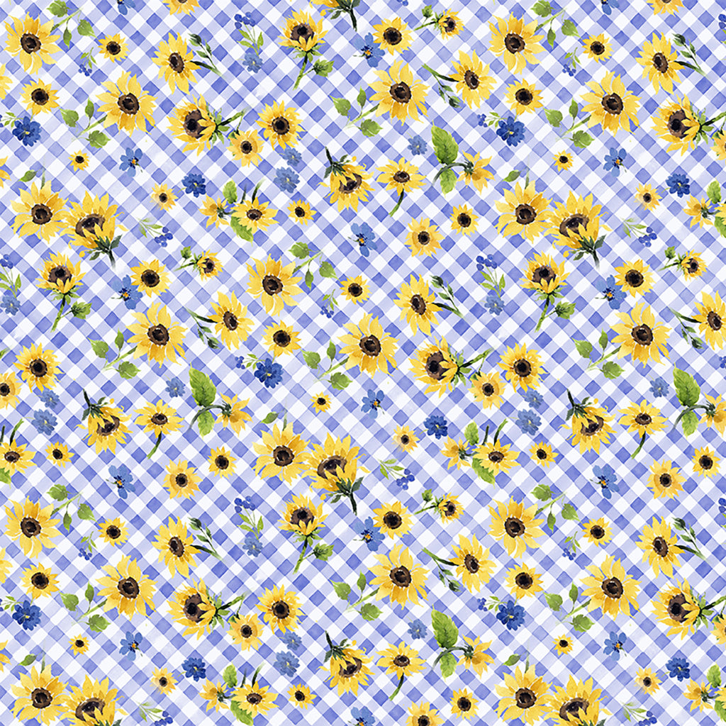 Clothworks Fabric Periwinkle Sunflower Bouquets Floral Check Fabric By the Yard, gray, light green, and periwinkle cotton fabric