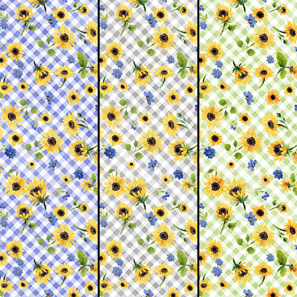 Clothworks Fabric Sunflower Bouquets Floral Check Fabric By the Yard, gray, light green, and periwinkle cotton fabric