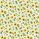 Clothworks Fabric Sunflower Bouquets Floral Check Fabric By the Yard, gray, light green, and periwinkle cotton fabric