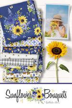 Clothworks Fabric Sunflower Bouquets Gingham Fabric By the Yard, gray, yellow or blue cotton fabric
