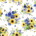 Clothworks Fabric Sunflower Bouquets Gingham Fabric By the Yard, gray, yellow or blue cotton fabric