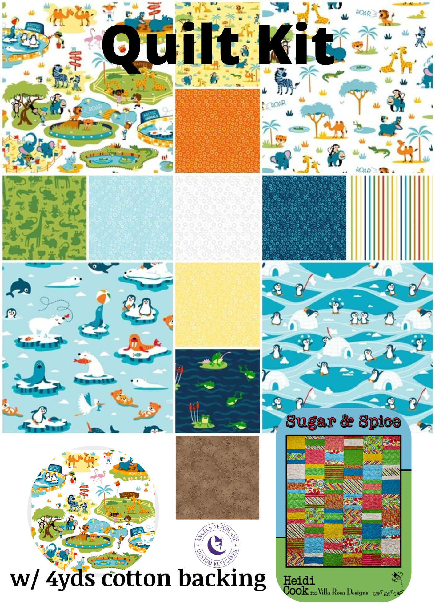 Freckle + Lollie Quilt Kit QK w/ 4 yards Zooville backing Easy DIY Zoo Animal Quilt Kit with Cotton Fabric from Freckle + Lollie, Zooville Collection