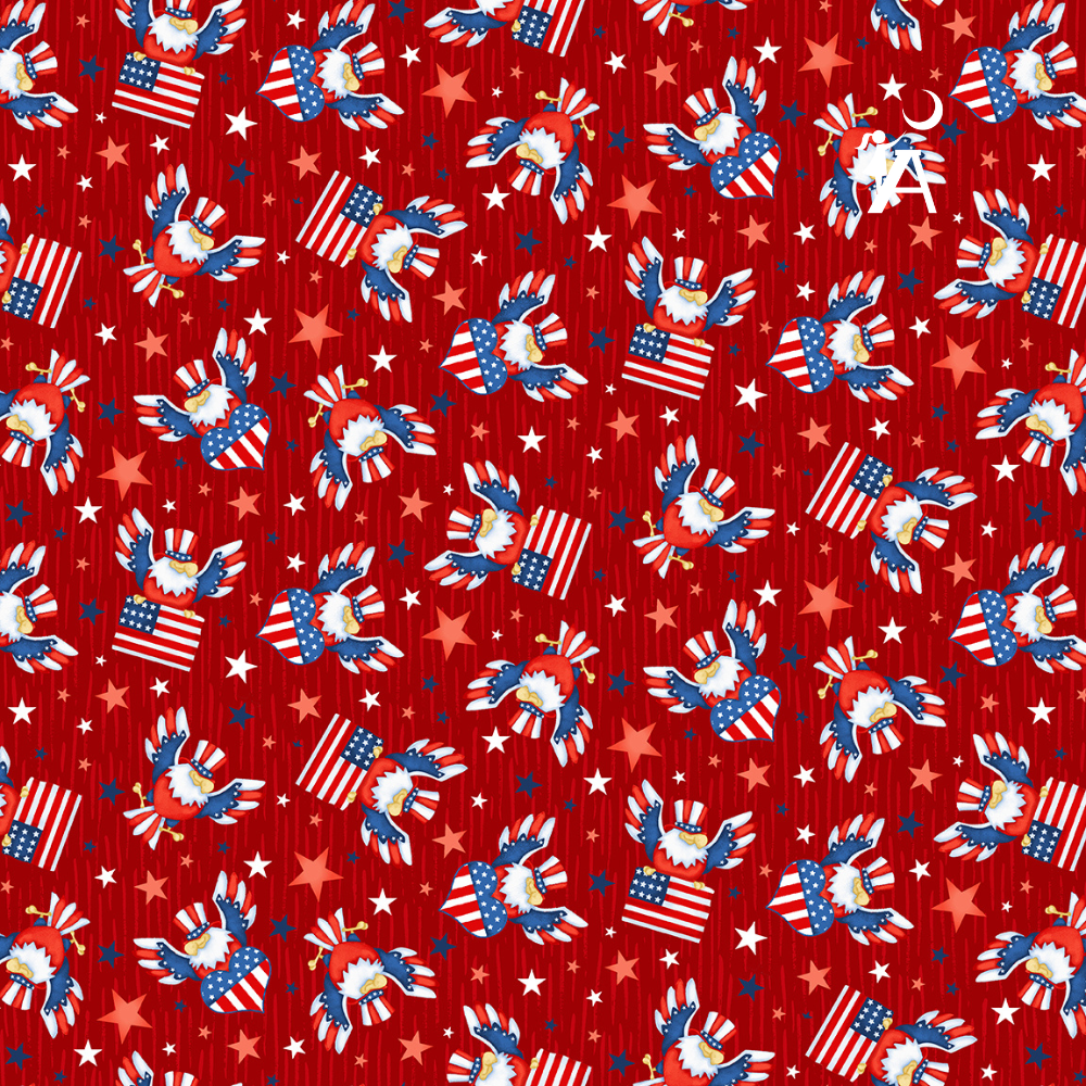 Henry Glass Fabric by the Yard Gnome of the Brave Eagle Flag Toss BLUE Patriotic Cotton Fabric Gnome Fabric By the Yard