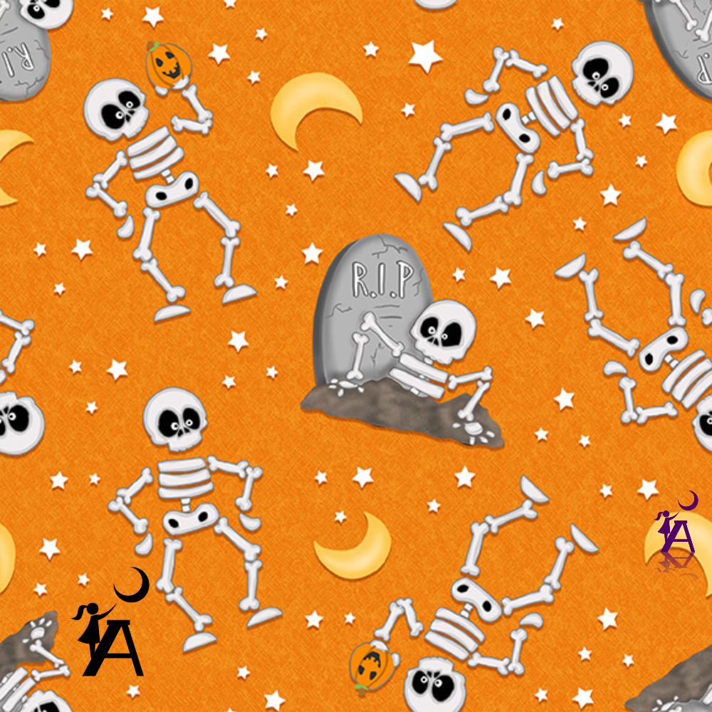 Henry Glass fabric EOB 31.5" x WOF A Haunting We Will Glow Skeletons on Orange Cotton GLOW IN THE DARK Halloween Fabric EOB 31.5 inch x WOF