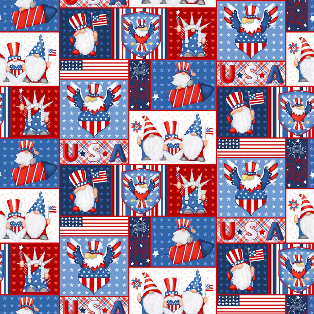 Henry Glass Fabric Gnome of the Brave Fireworks with Stars Patriotic Cotton Fabric By the Yard