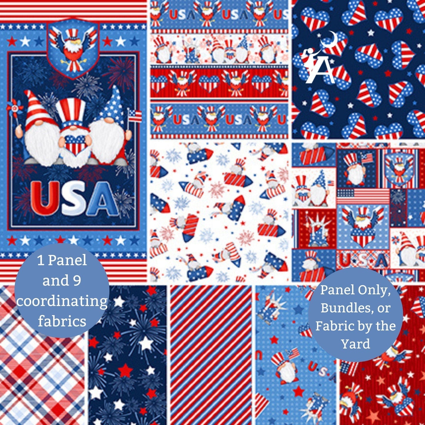 Henry Glass Fabric Gnome of the Brave Patriotic Fabric By the Yard, Patriotic Gnomes on Rockets Cotton Fabric