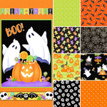 henry glass Fabric Halloween Glow in the Dark Fabric "Halloween Gingerbread Men" Multi colored skeletons
