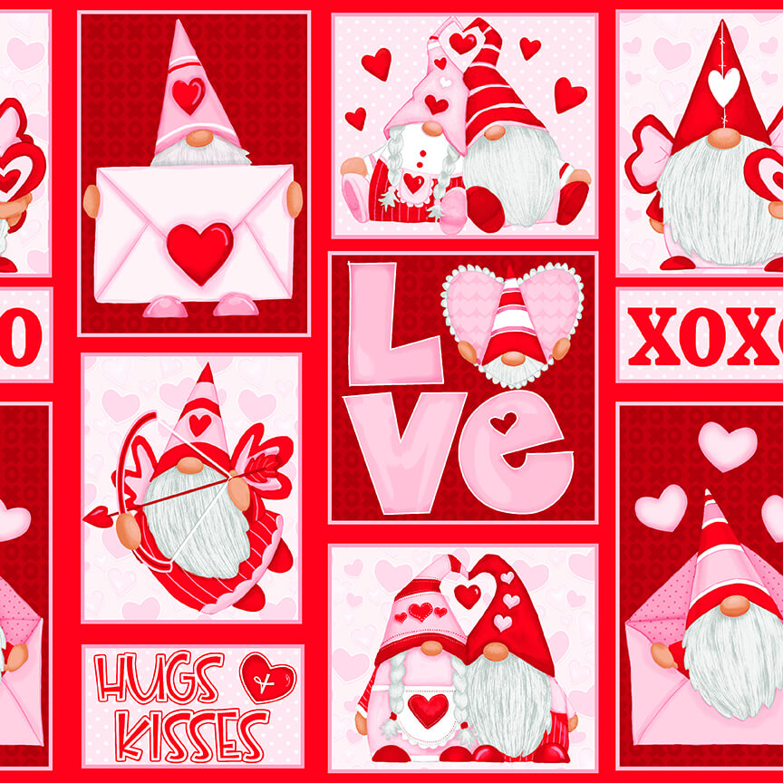 Henry Glass Gnomie Love Gnome Valentine's Day Fabric - Patchwork Cheater Quilt Cotton Fabric by the Yard