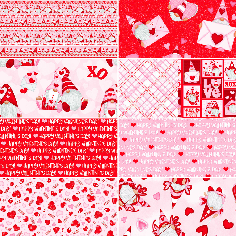 Henry Glass Gnomie Love Gnome Valentine's Day Fabric - Patchwork Cheater Quilt Cotton Fabric by the Yard