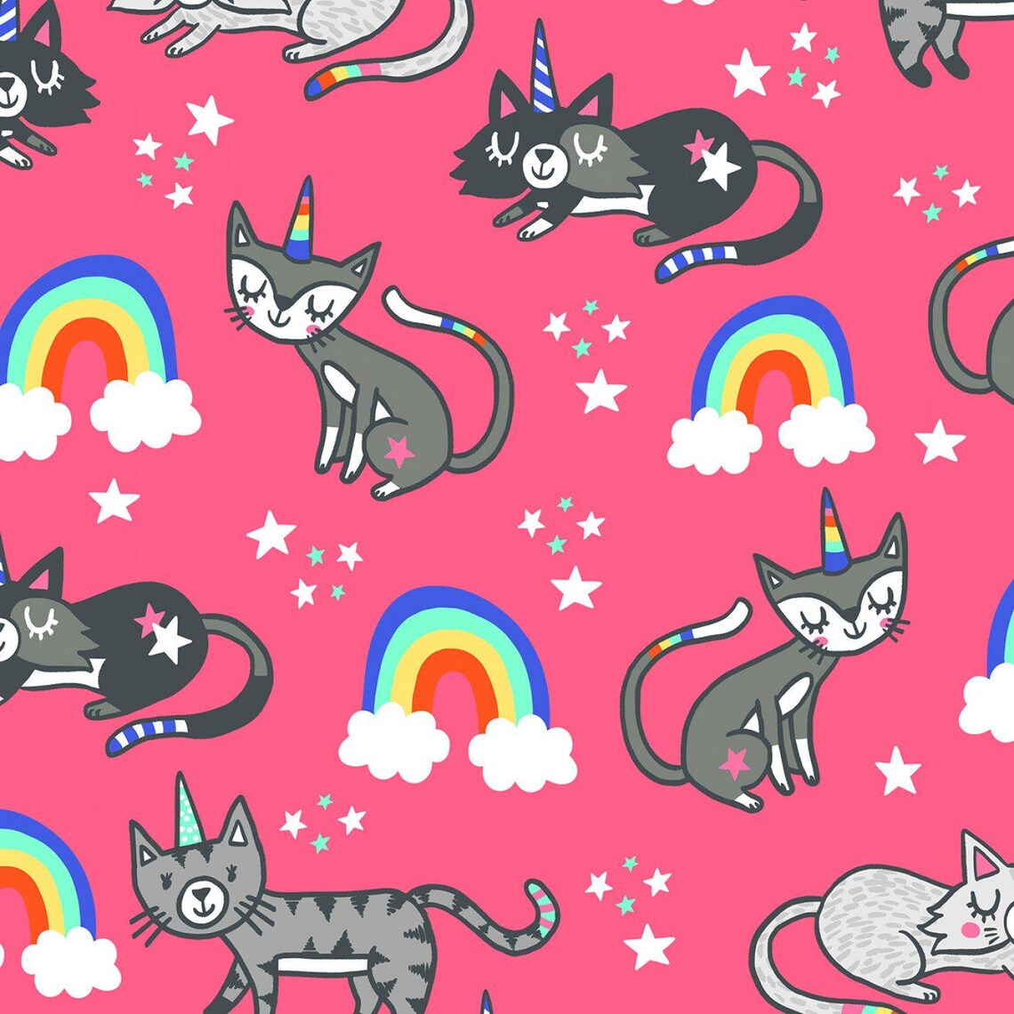 Caticorns & Rainbows Fabric – Pink | Timeless Treasures Cotton