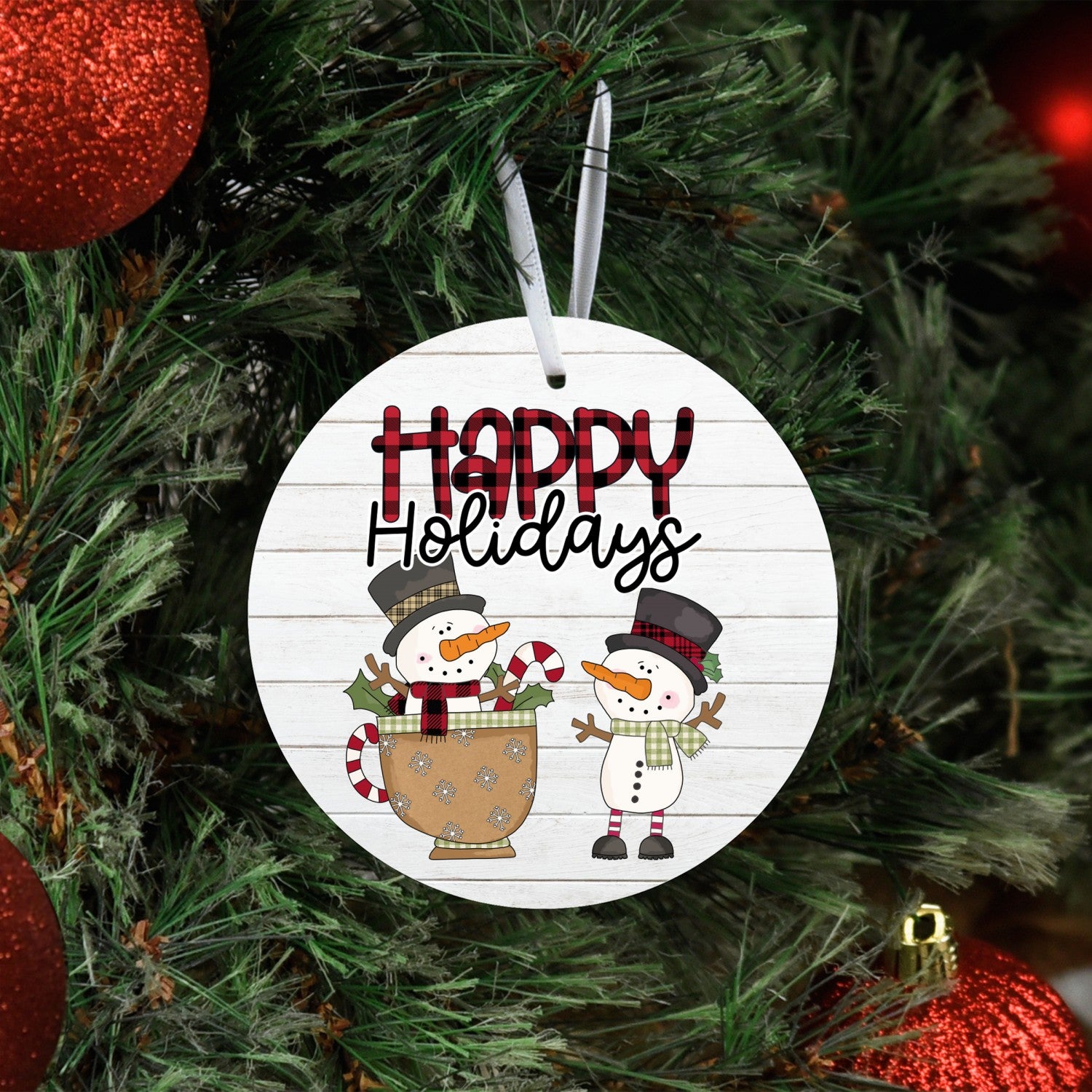 Lake & Laser Christmas Ornament HAPPY HOLIDAYS SNOWMEN, Christmas Ornament by Lake & Laser