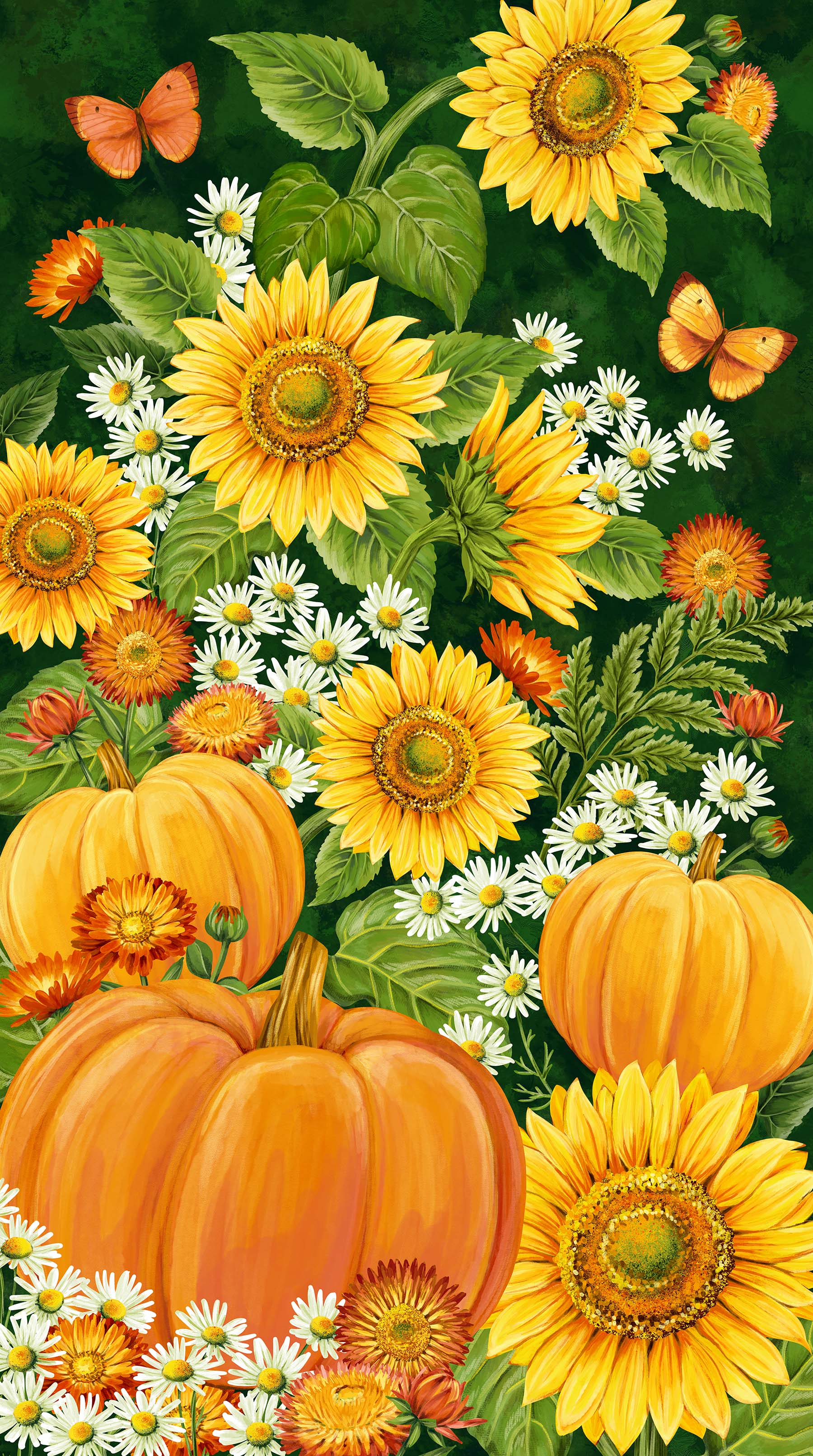 Northcott Fabric by the Yard Sunshine Harvest Tossed Pumpkins and Sunflowers on a white background Floral Cotton 25457-10