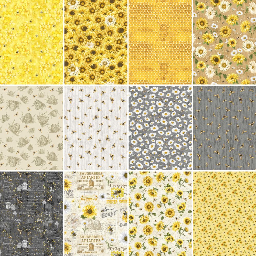 Timeless Treasures Fabric Bundle Honey Bee Farm COMPLETE 1 yard Bundle Collection (16 pieces)