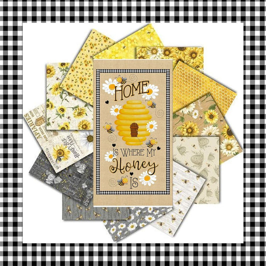 Timeless Treasures Fabric Bundle Honey Bee Farm FQ Bundled Fabric with Home Is Where My Honey Is Panel and 1 yard Black Check Fabric