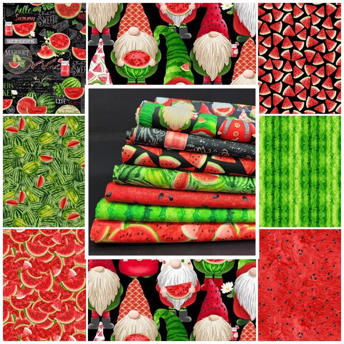 Timeless Treasures Fabric Fat Quarter Bundle with 7 Watermelon Party Gnome & Watermelon Fabric cuts