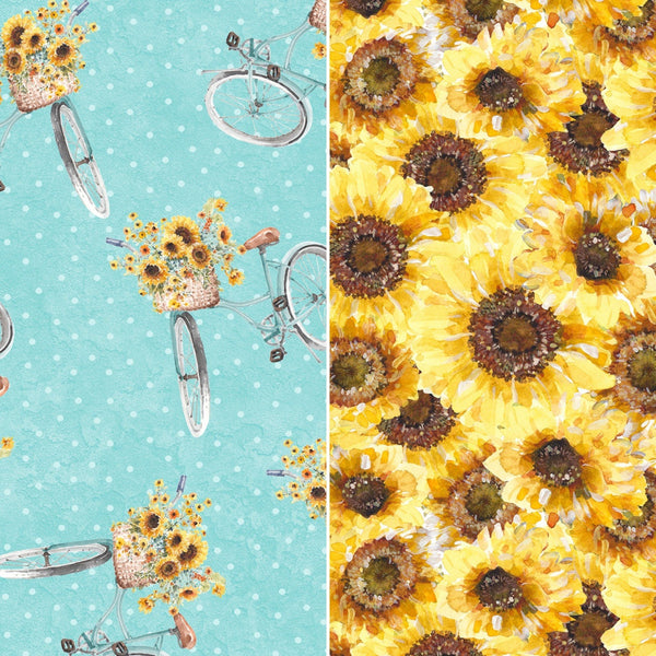Bicycles on light teal or Packed Sunflowers Fabric by the Yard