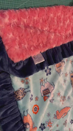 One of a Kind Llama Lovey Reversible Luxe Coral Rose Cuddle Minky Blanket with Navy Minky Ruffle 33" x 23"