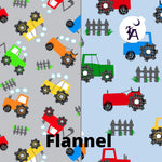 AE Nathan Fabric Tractor Flannel Fabric on blue or gray by AE Nathan Comfy Flannel