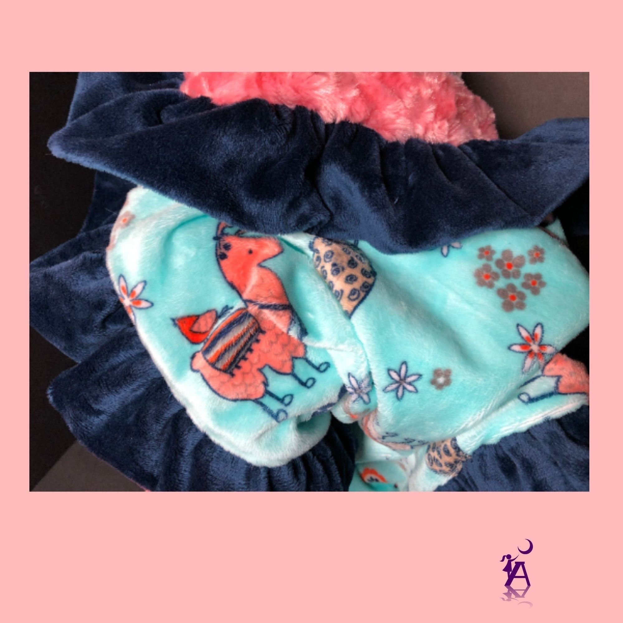 angelsneverland-1538 One of a Kind Llama Lovey Reversible Luxe Coral Rose Cuddle Minky Blanket with Navy Minky Ruffle 33" x 23"