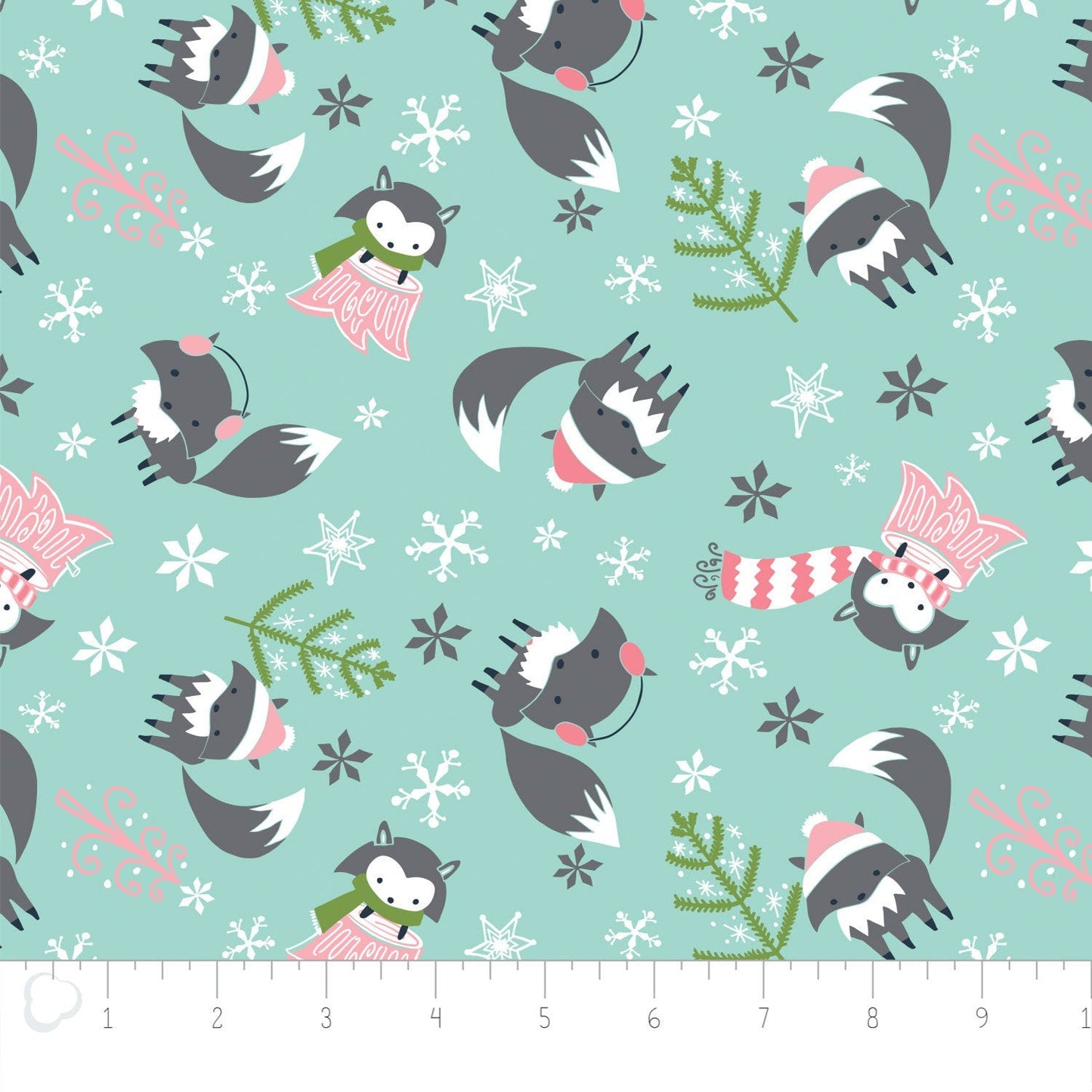 Winter Wonderland Flannel Gray Foxes on Aqua Flannel Fabric