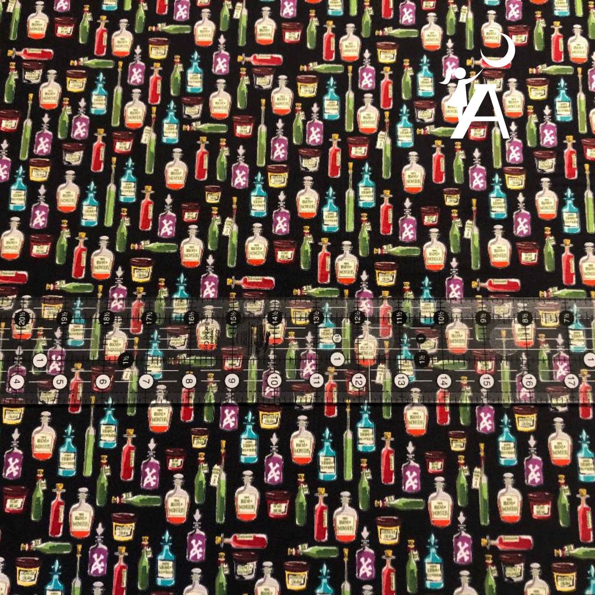 Henry Glass Fabric 1 yard 36"x44" / Apothecary Bottles Riley Blake Haunted House C7134 Apothecary Bottle Fabric, OR Henry Glass Spooky Town Webs Spiderwebs - Black 9115M-99