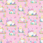 Henry Glass Fabric FQ (18"x21") Easter Gnomies Scenic Pink Hoppy Easter Gnomies Cotton Fabric