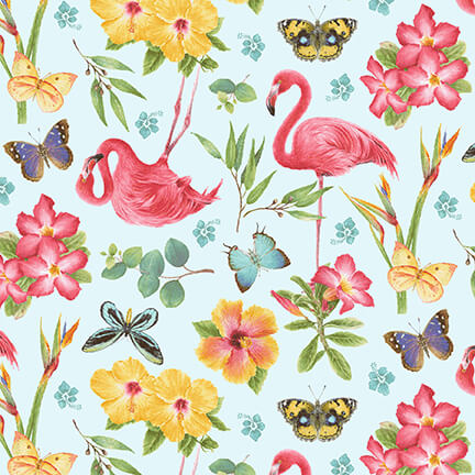 Henry Glass Fabric FQ (18"x21") Pink Paradise Flamingo Tossed Flamingoes & Flowers by Henry Glass