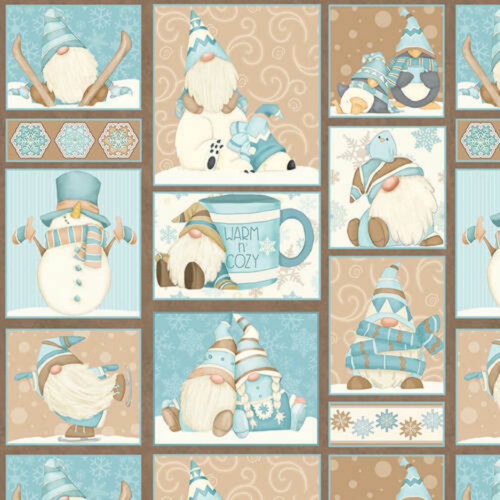 Henry Glass Fabric FQ (Fat Quarter) 18"x21" I Love Sn'Gnomies Flannel Aqua & Beige Gnome Patchwork Cheater Quilt Fabric by Henry Glass