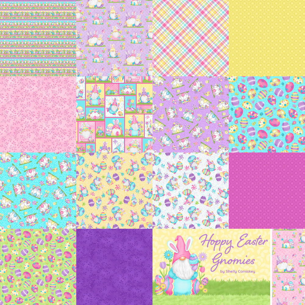 Henry Glass Fabric Half Yard Bundle 15 prints & 1 panel Hoppy Easter Gnomies, Easter Gnome Fabric