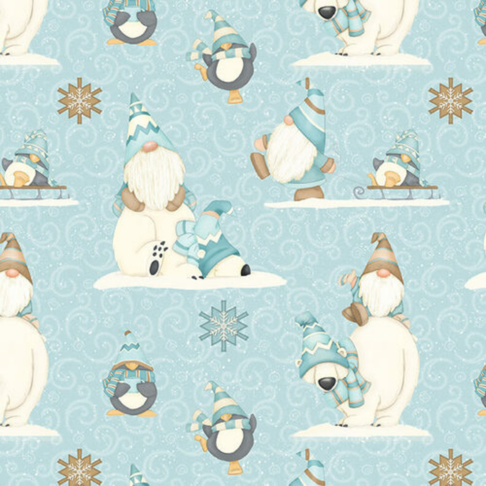 Henry Glass Fabric I Love Sn'Gnomies Flannel Aqua & Beige Gnome Patchwork Cheater Quilt Fabric by Henry Glass