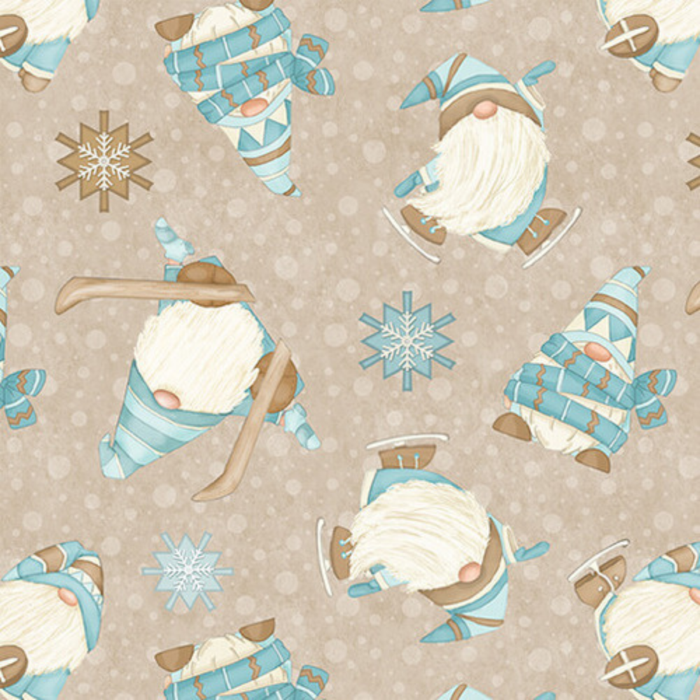 Henry Glass Fabric I Love Sn'Gnomies Flannel Aqua & Beige Gnome Patchwork Cheater Quilt Fabric by Henry Glass