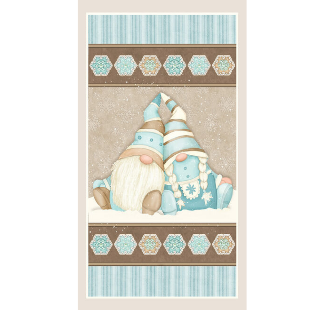 Henry Glass Fabric I Love Sn'Gnomies Flannel Aqua & Beige Gnome Patchwork Cheater Quilt Fabric by Henry Glass