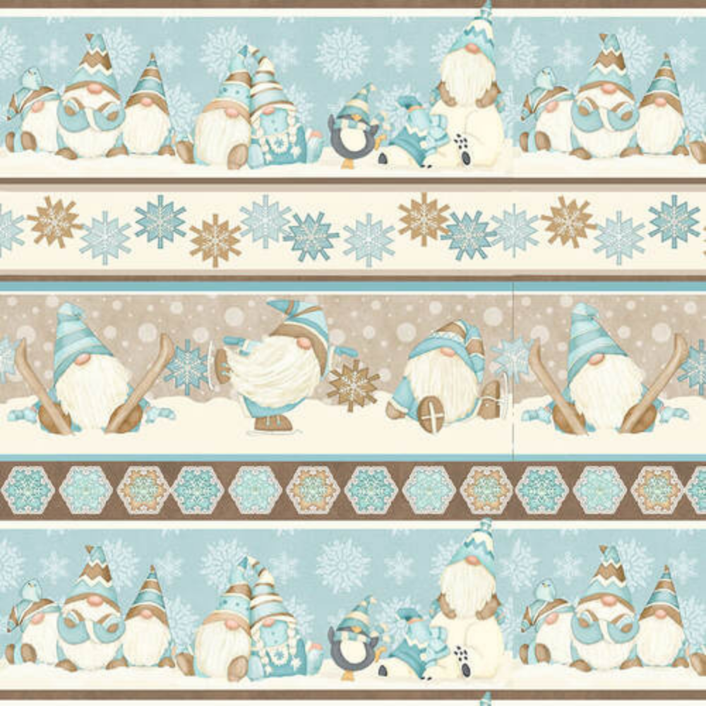 Henry Glass Fabric I Love Sn'Gnomies Flannel Aqua & Beige Gnome Patchwork Cheater Quilt Fabric by Henry Glass
