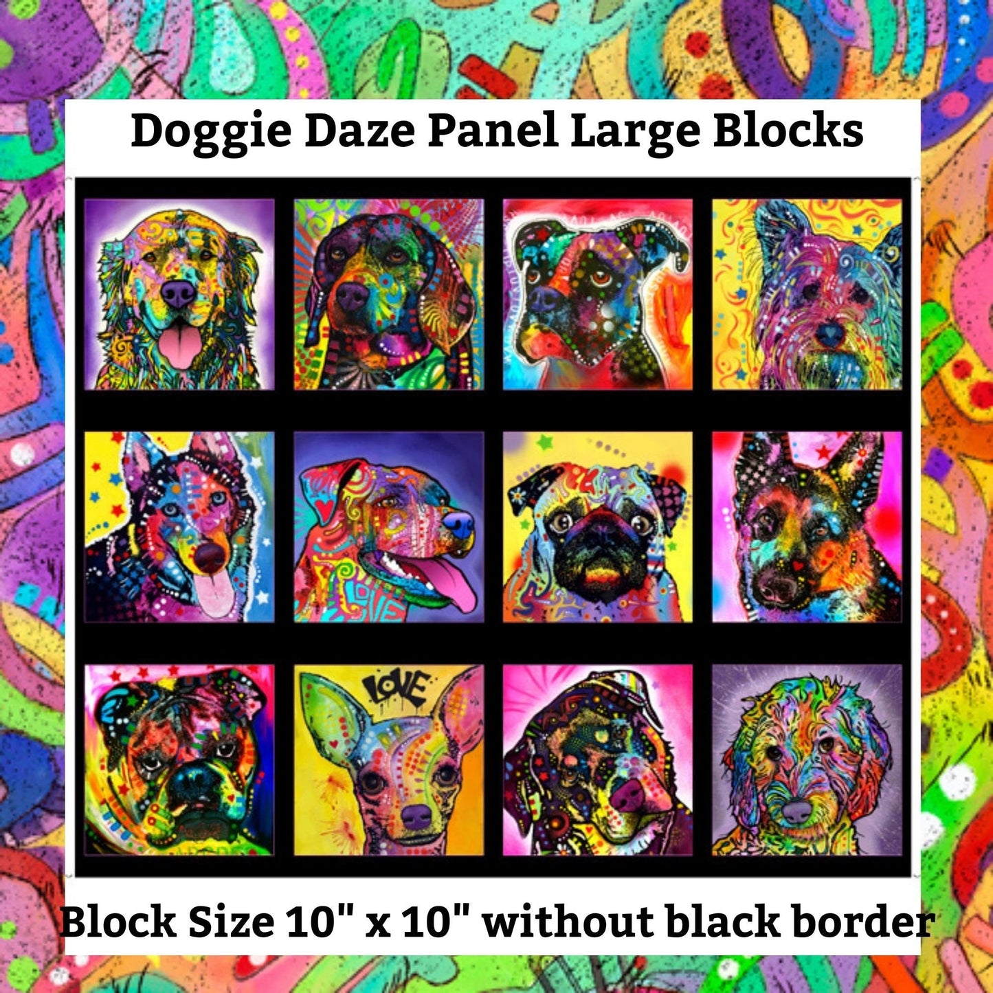 QT Fabrics Fabric Panel Only 10" blks / 10" Panel Doggie Daze Quilting Cotton by QT Fabrics