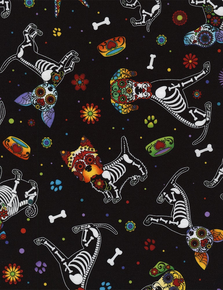 Timeless Treasures Fabric 1 yard (36"x44") / Dogs/Pups Day of Dead Day of the Dead Pups, Cats, or Skeletons Fabric by Timeless Treasures