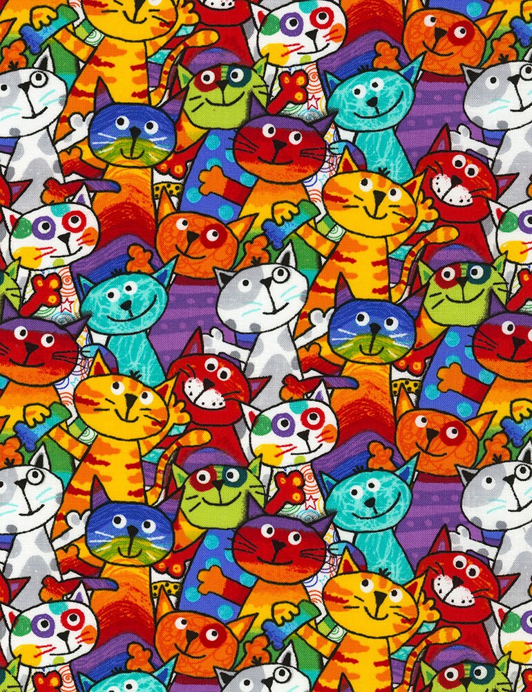 Timeless Treasures Fabric 1 yard (36"x44") Timeless Treasures Crayola Party Stacked Cats