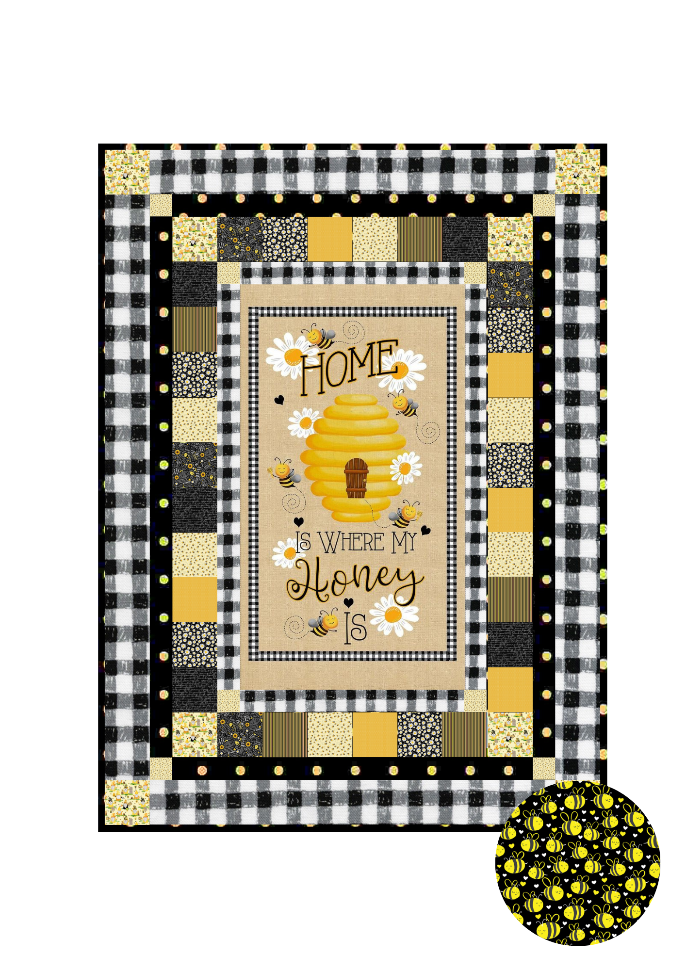 Timeless Treasures Quilt Kit Kit w/backing Plump Bees on Black Beginner Bee Hive Quilt Kit Timeless Treasures Home Is Where My Honey Is DIY Panel Quilt