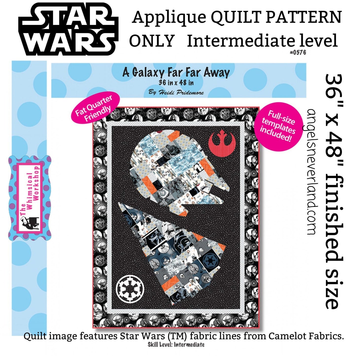 Whimsical Workshop Quilt Patterns Galaxy Far Far Away DIY Star Wars Applique COMPLETE Intermediate Quilt Kit with Millennium Falcon and Star Destroyer Pattern Video Tutorial available