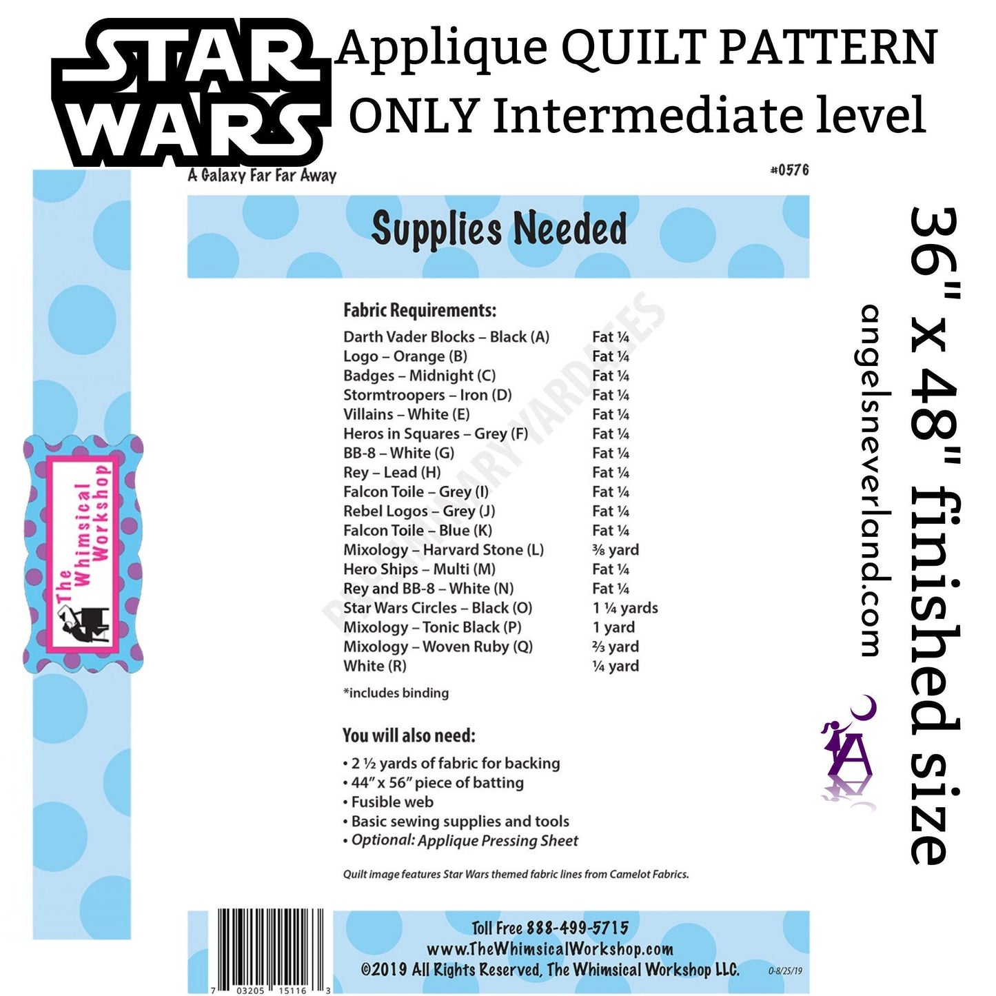 Whimsical Workshop Quilt Patterns Galaxy Far Far Away DIY Star Wars Applique COMPLETE Intermediate Quilt Kit with Millennium Falcon and Star Destroyer Pattern Video Tutorial available