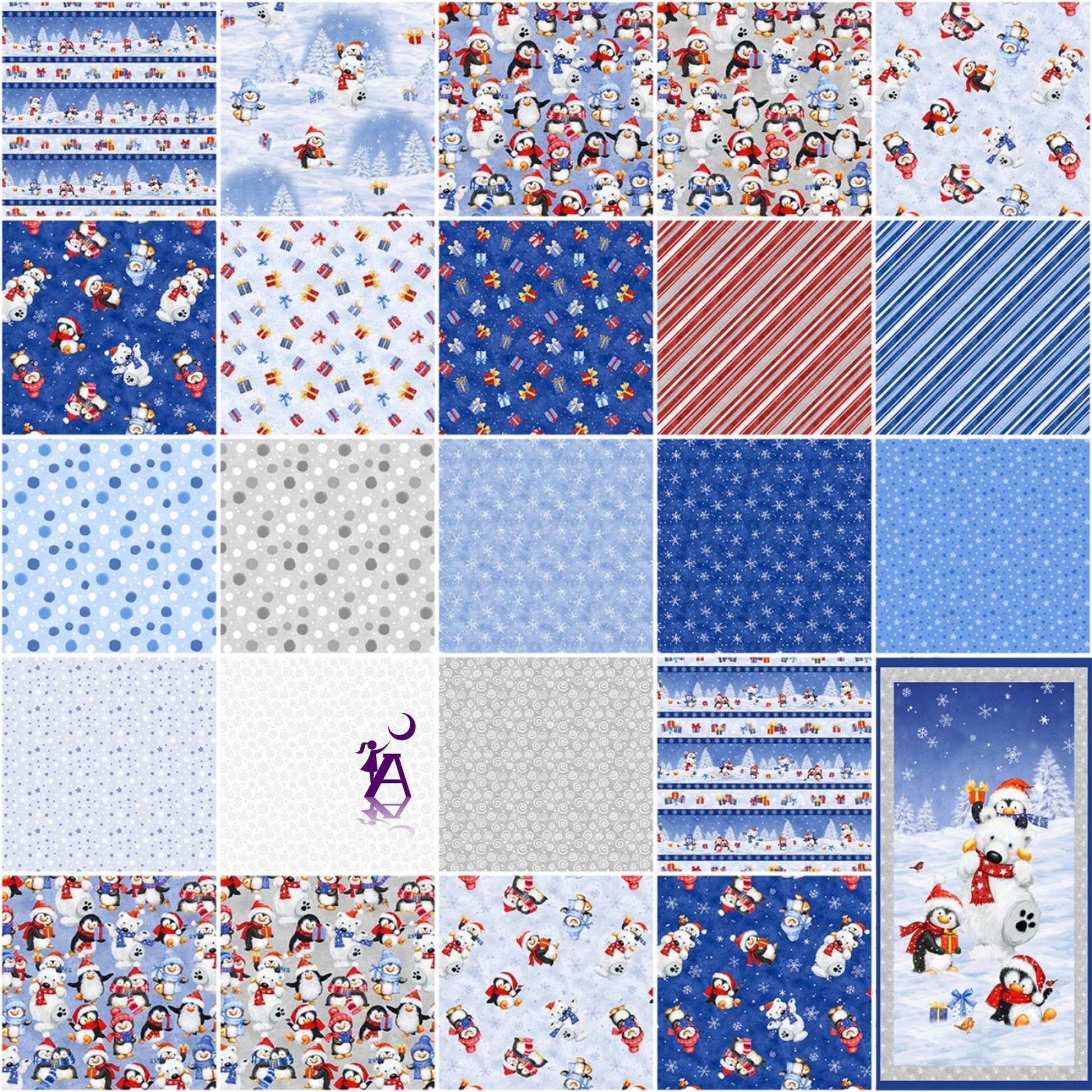 Wilmington Prints Fabric Snow What Fun Cotton Fabric - 2 1/2 in strips PRECUT 40 pc pack, jelly roll fabric