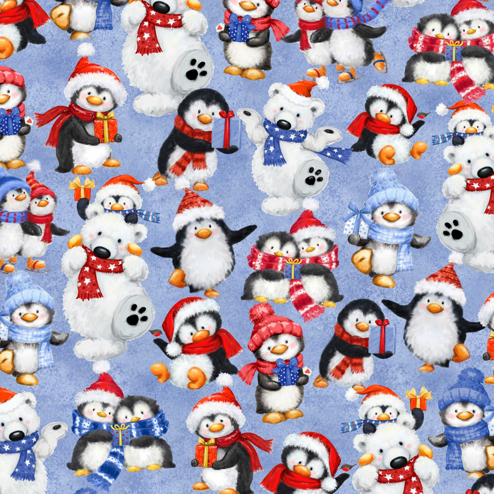 Cotton Penguins Snowmen Winter Christmas Snow Festive Trees Snow Day Blue  Cotton Fabric Print by the Yard (52596D-1)
